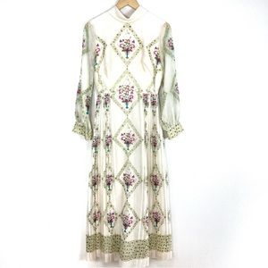 Vtg Alfred Shaheen 1970s Hawaiian Ivory Boho Maxi Dress‎ Floral Women’s Sz 8
